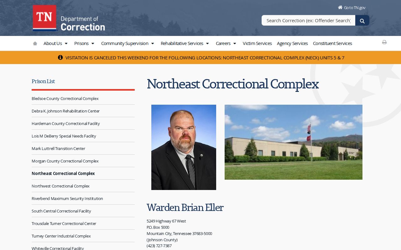 Northeast Correctional Complex release and facility record page